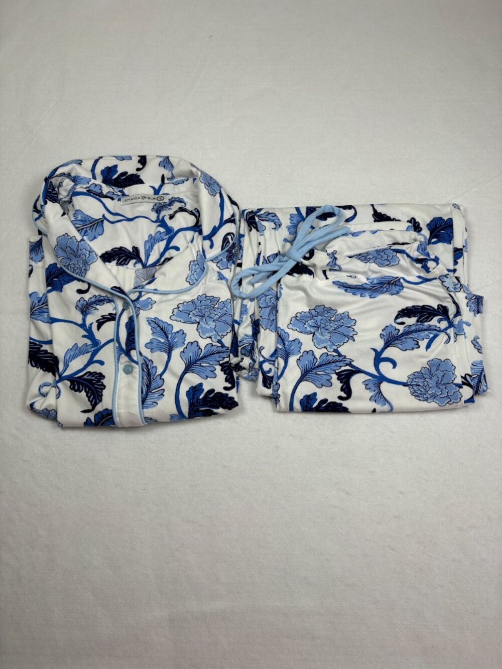 Amanda Blu "Blu Acanthus Leaf" Pajama Set Blue Floral Button Down Loungewear S